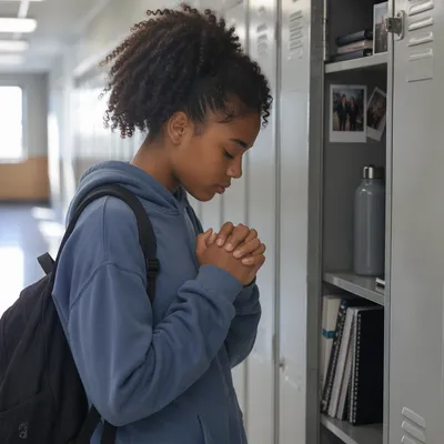 High School Student Praying at Locker