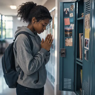 High School Student Praying at Locker