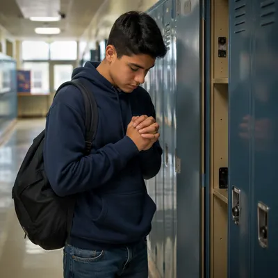 High School Student Praying by Locker