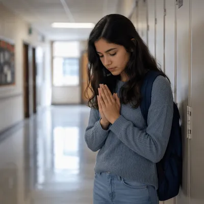 Teenage Girl Praying by School Lockers