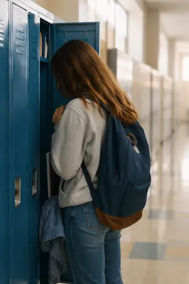 High School Student Praying at Locker