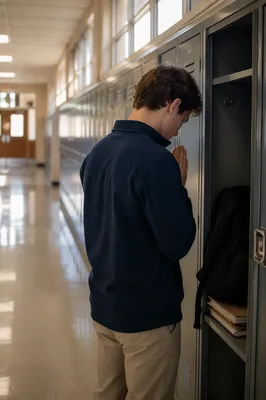 Student Praying at School Locker