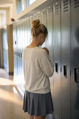 High School Student Praying by Lockers