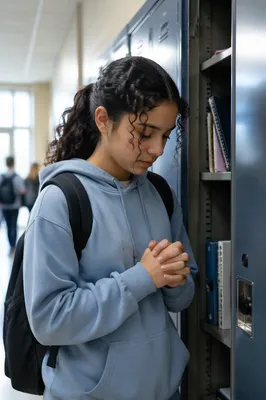 Teen Girl Praying at School Locker