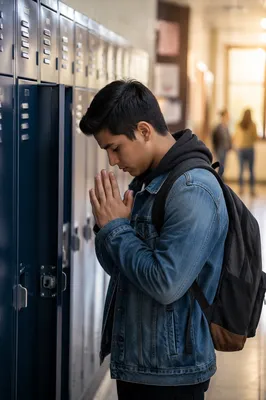 High School Student Praying at Locker