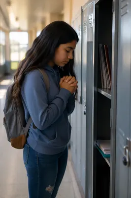 High School Student Praying at Locker