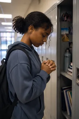 High School Student Praying at Locker