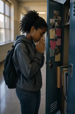High School Student Praying at Locker