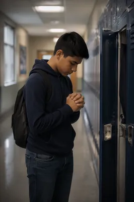 Teen Student Praying at School Locker