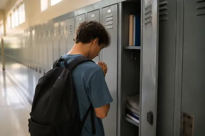 High School Student Praying at Locker