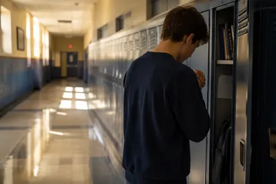 High School Student Praying at Locker