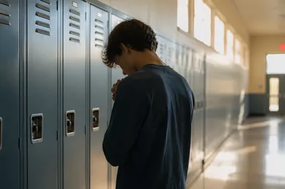 High School Student Praying by Lockers