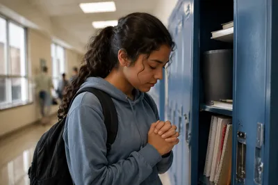 High School Student Praying at Locker