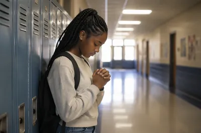 High School Student Praying by Lockers