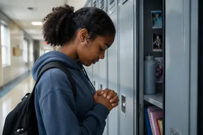 High School Student Praying at Locker