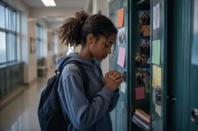 Teen Student Praying at School Locker