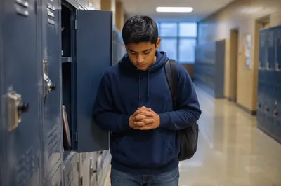 Teen Boy Praying at School Locker