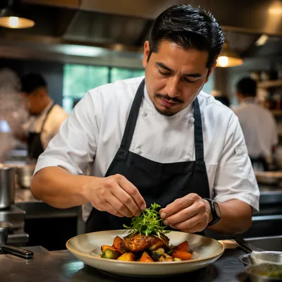 Focused Chef Plating Dish in Restaurant Kitchen