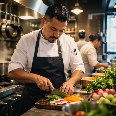 Hispanic Chef Slicing Vegetables in Kitchen