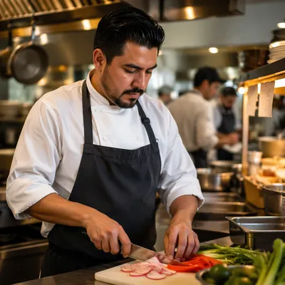 Hispanic Chef Slicing Vegetables in Kitchen