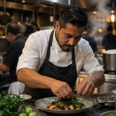 Hispanic Chef Plating Dish in Kitchen