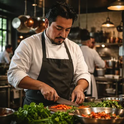 Hispanic Chef Preparing Food in Kitchen