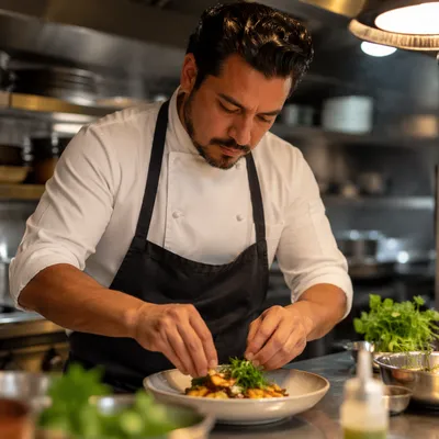 Chef Plating Dish in Restaurant Kitchen