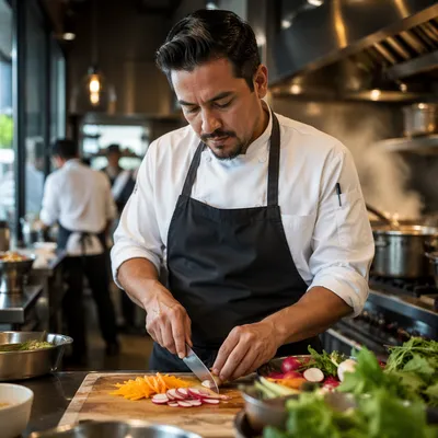 Chef Slicing Vegetables in Restaurant Kitchen