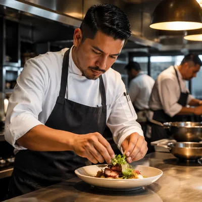 Hispanic Chef Plating Dish in Restaurant Kitchen