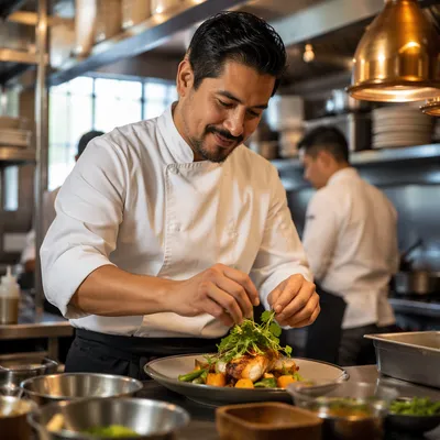 Chef Plating Dish in Restaurant Kitchen