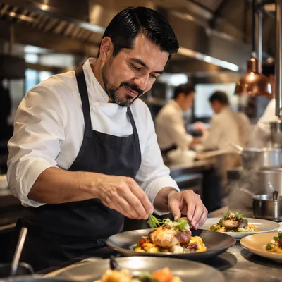 Chef Plating Dish in Busy Kitchen