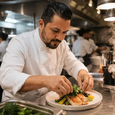 Hispanic Chef Plating Dish in Restaurant Kitchen