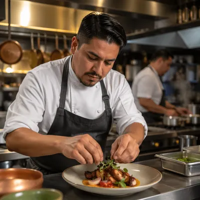 Hispanic Chef Plating Dish in Restaurant Kitchen