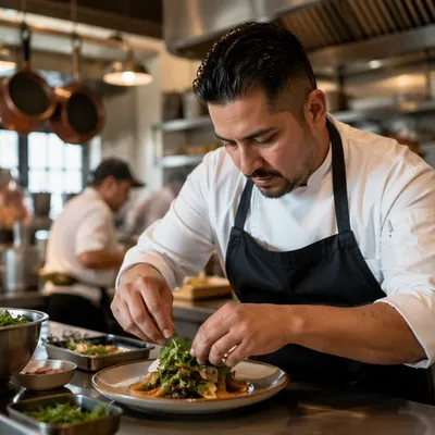 Hispanic Chef Plating Dish in Restaurant Kitchen