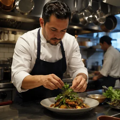 Hispanic Chef Plating Dish in Kitchen