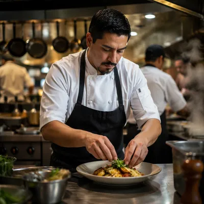 Chef Plating Pasta in Busy Kitchen