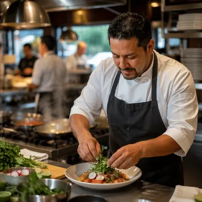 Hispanic Chef Plating Dish in Restaurant Kitchen