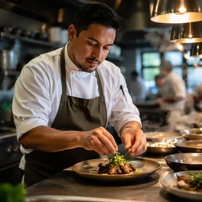 Hispanic Chef Plating Meal in Kitchen