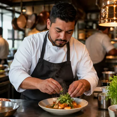 Hispanic Chef Plating Dish in Restaurant Kitchen