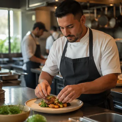 Hispanic Chef Plating Food in Kitchen