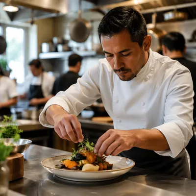 Hispanic Chef Plating Dish in Kitchen