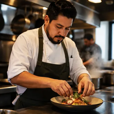 Focused Chef Plating Dish in Kitchen