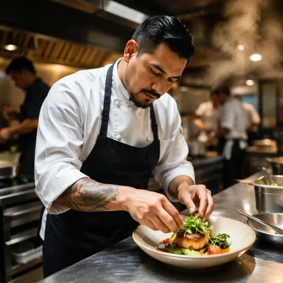 Chef Plating Dish in Restaurant Kitchen