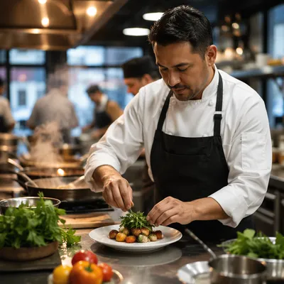 Chef Plating Food in Restaurant Kitchen