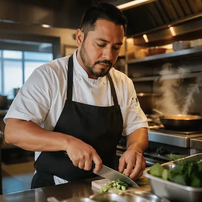Hispanic Chef Preparing Food in Kitchen