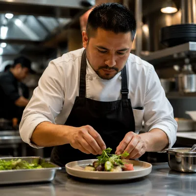 Hispanic Chef Plating Dish in Kitchen