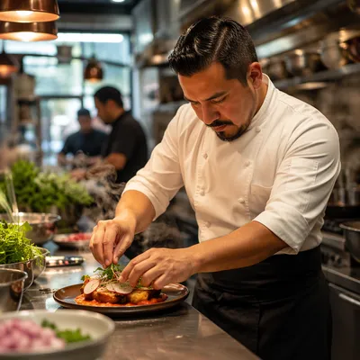 Hispanic Chef Plating Dish in Kitchen
