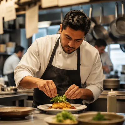 Hispanic Chef Plating Dish in Restaurant Kitchen