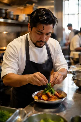 Chef Plating Dish in Restaurant Kitchen