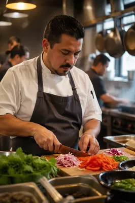 Hispanic Chef Slicing Vegetables in Kitchen